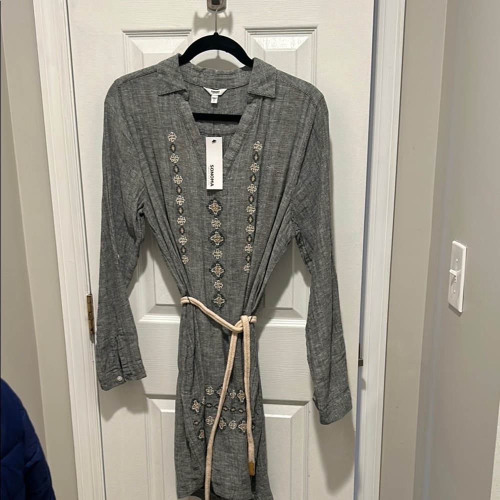 Gray Embroidered Dress with Belt